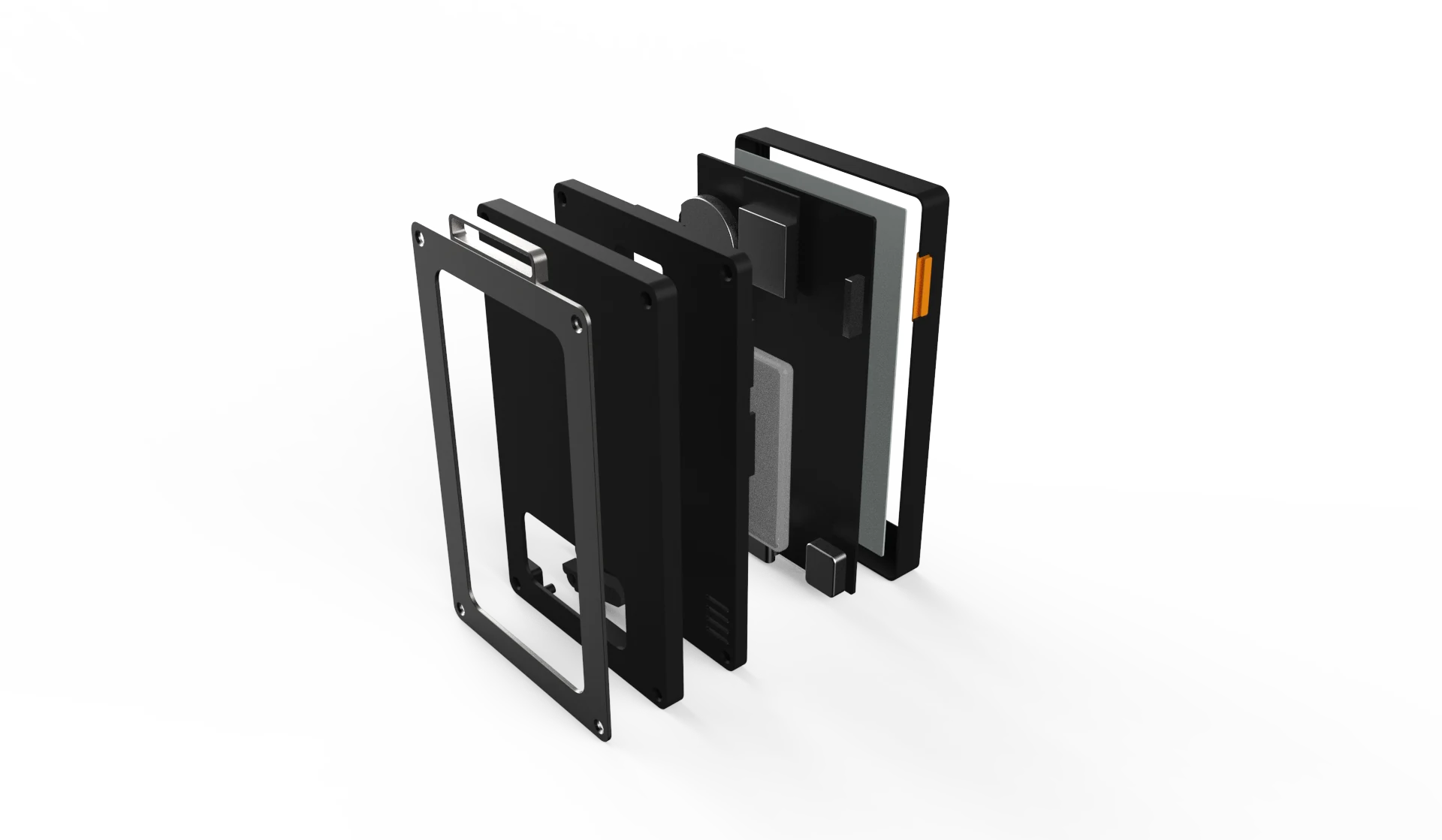 PaperDeck exploded view with parts labeled: e-paper panel, front casing, battery, buttons, lanyard module, rocker wheel, speaker, 4pc cardholder, ESP32-S3. Rough KeyShot render, not final.
