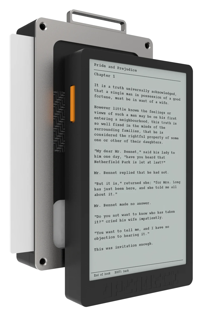 PaperDeck front view, home screen on the e-paper panel. KeyShot render, not final.