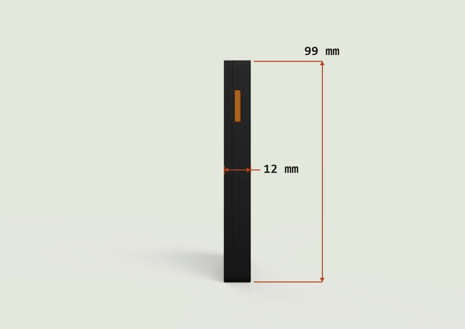 PaperDeck edge-on beside credit cards — 12 mm thin. KeyShot render, not final.